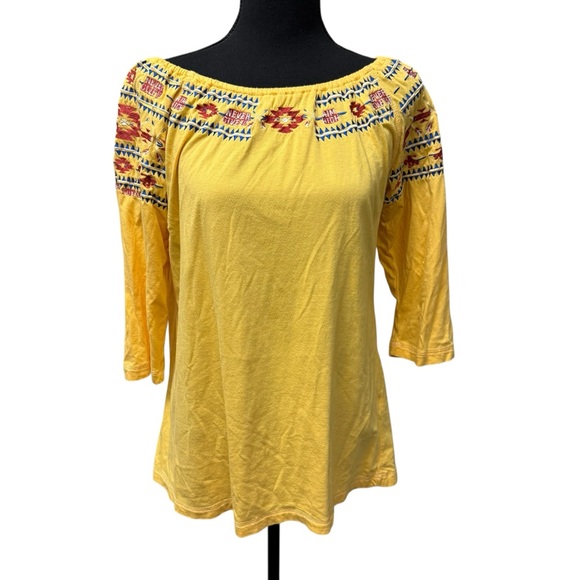 Cowgirl Tuff Tops - Cowgirl Tuff Co Yellow Embroidered Western Boho Aztec Off Shoulder Top L